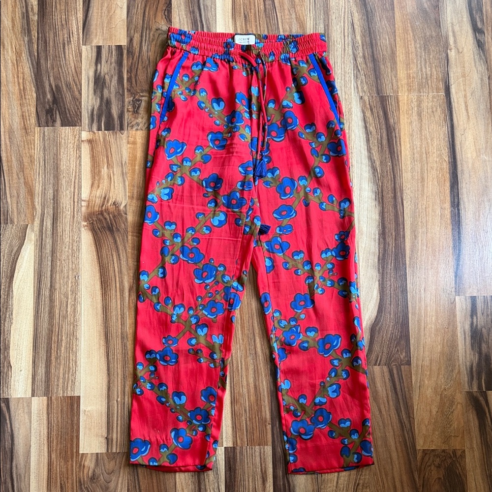 Red Lattice Floral Print Elastic Waist Pants